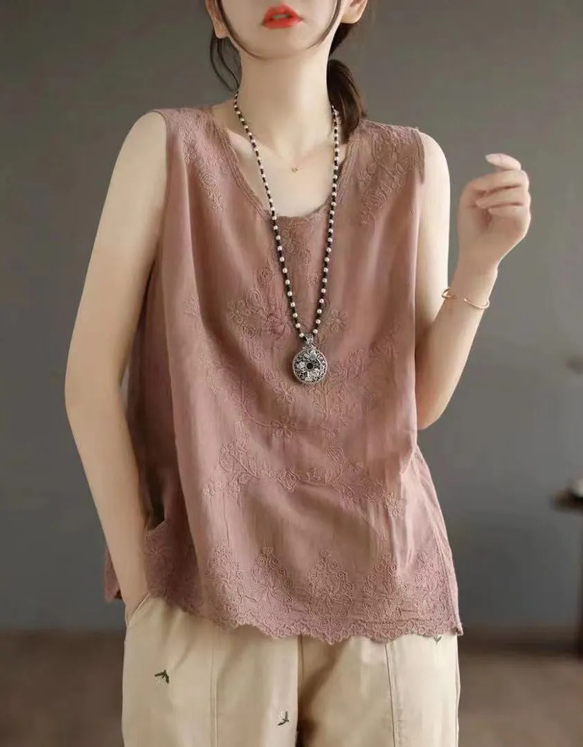 Comfortable Flower Embroidery Cotton Solid-color Vest