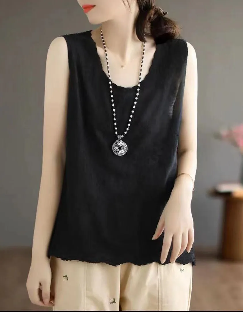 Comfortable Flower Embroidery Cotton Solid-color Vest