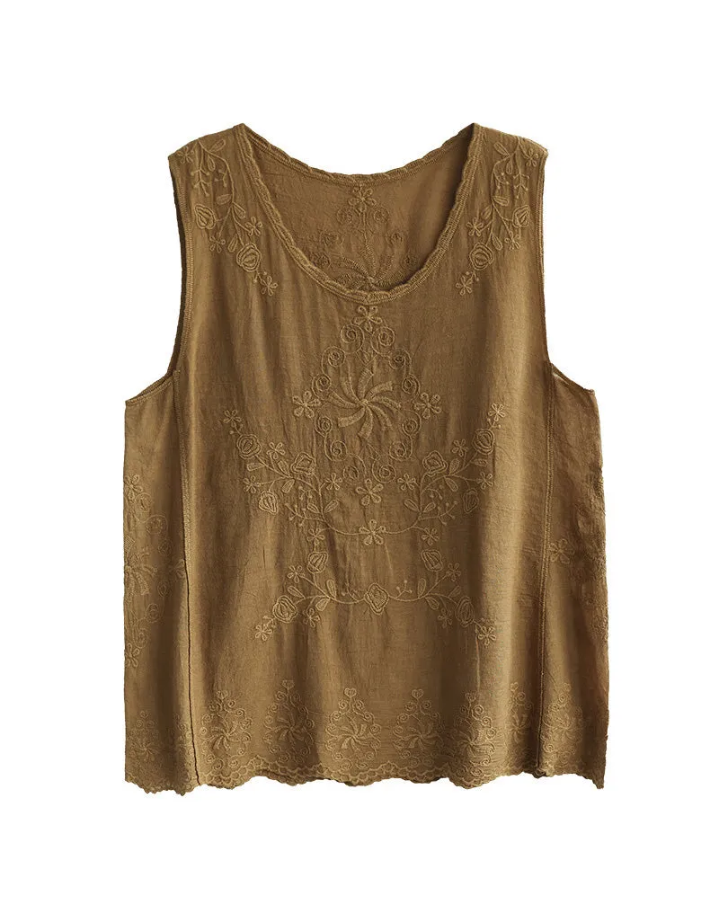 Comfortable Flower Embroidery Cotton Solid-color Vest