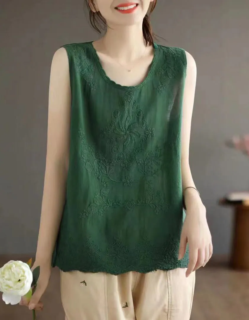 Comfortable Flower Embroidery Cotton Solid-color Vest