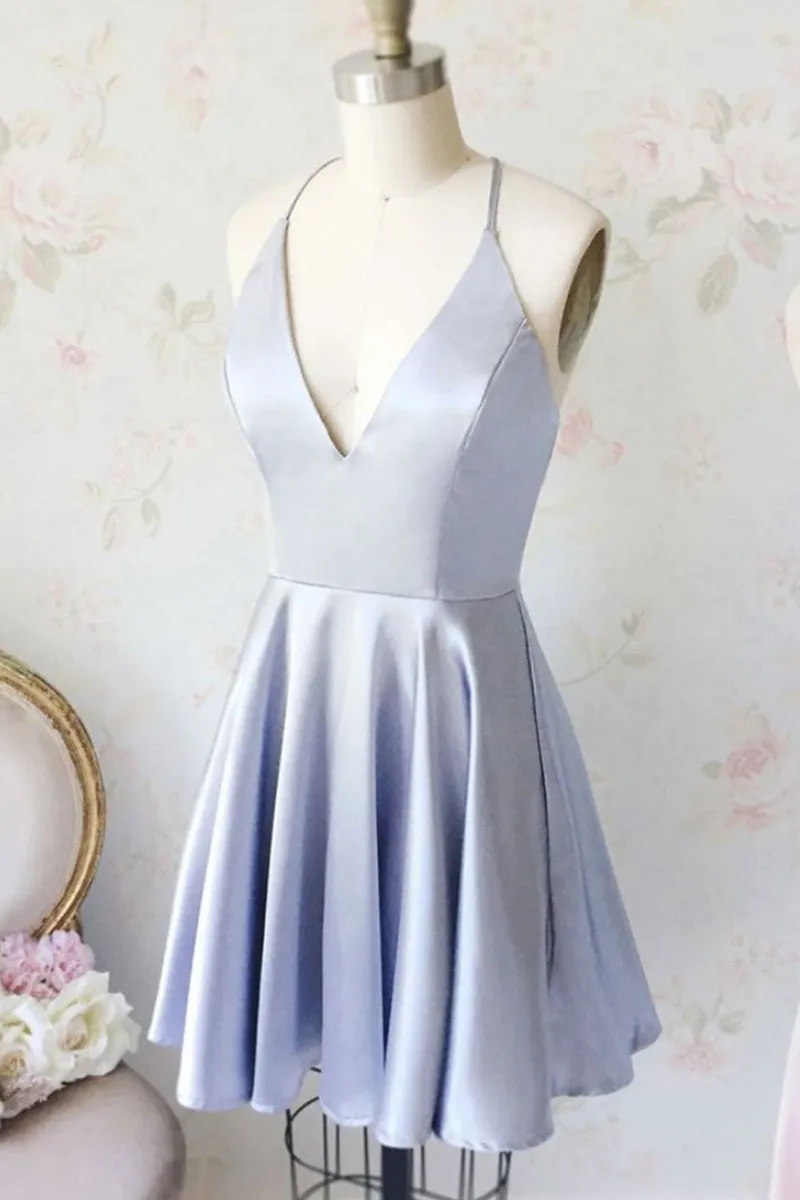 Cute Cheap Light Blue V Neck Satin Homecoming Dresses Short Prom Dresses, Light Blue Graduation Dresses, Formal Dresses