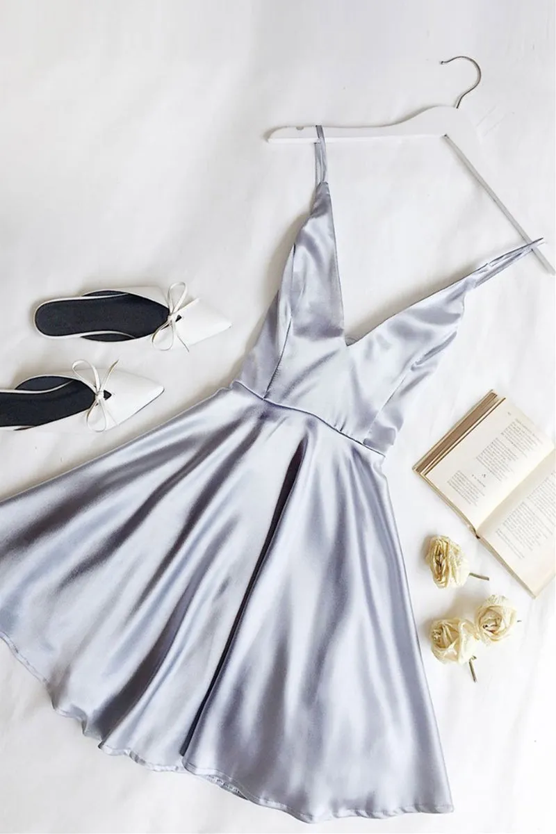 Cute Cheap Light Blue V Neck Satin Homecoming Dresses Short Prom Dresses, Light Blue Graduation Dresses, Formal Dresses