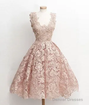Cute Light Pink Lace Short Prom Dress, Lace Bridesmaid Dress