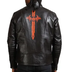 Dark Brown Sword Biker Jacket with Red Sword Design