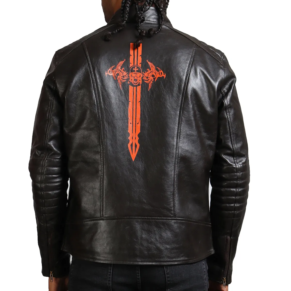Dark Brown Sword Biker Jacket with Red Sword Design
