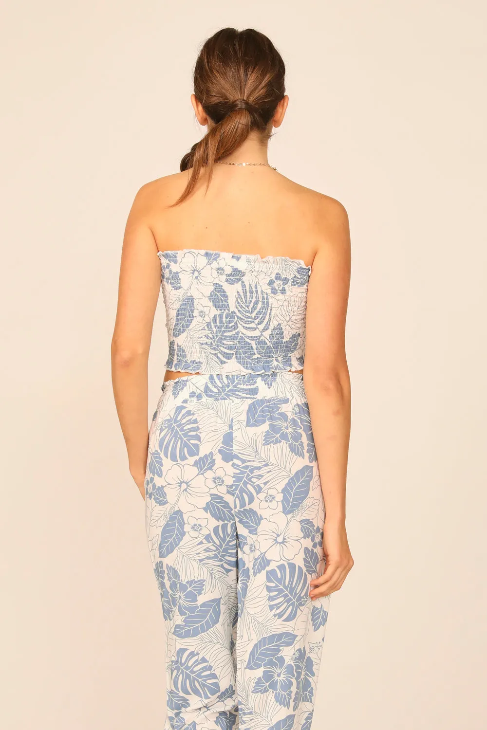 Denim Hawaiian Print Rayon Smocked Tie Front Crop Top