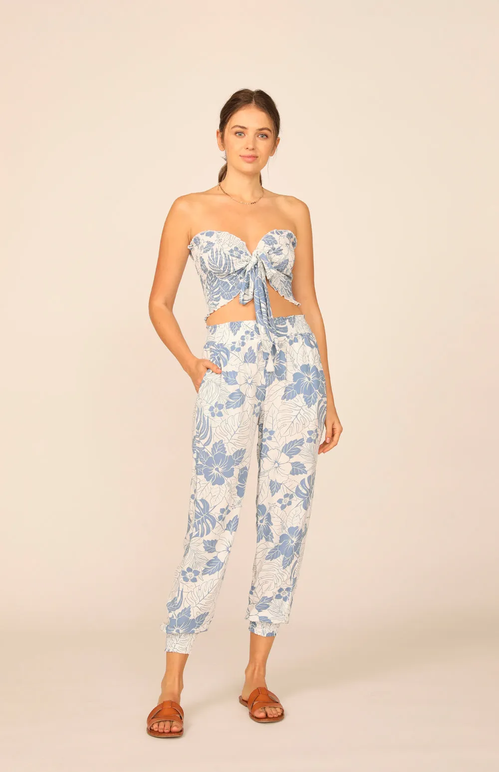 Denim Hawaiian Print Rayon Smocked Tie Front Crop Top