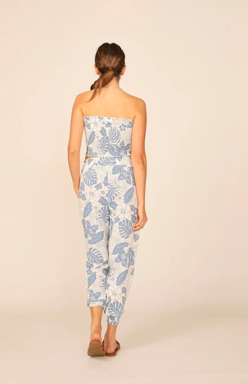 Denim Hawaiian Print Rayon Smocked Tie Front Crop Top