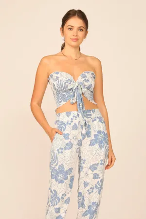 Denim Hawaiian Print Rayon Smocked Tie Front Crop Top