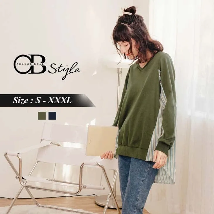 DIP HEM V-NECK PLEAT LONG SLEEVE TOPS