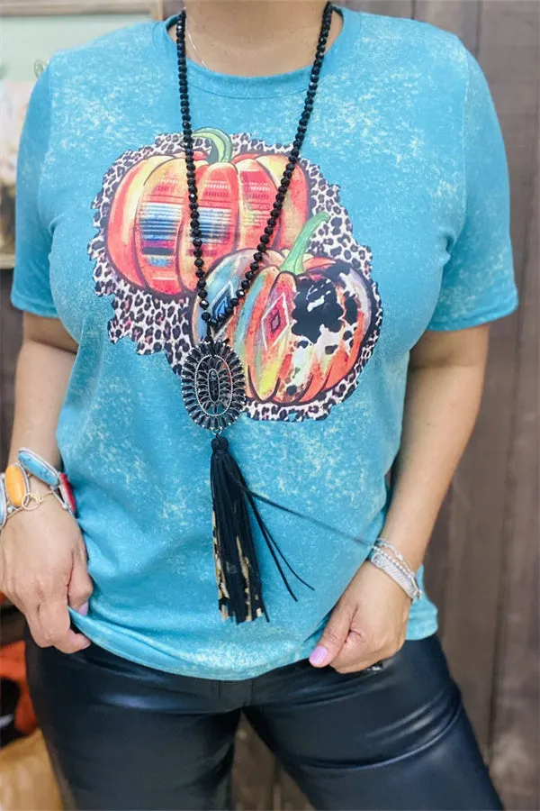 DLH11696 Pumpkin multi color printed in the blue background short sleeve women tops for halloween holiday