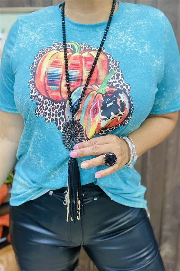 DLH11696 Pumpkin multi color printed in the blue background short sleeve women tops for halloween holiday