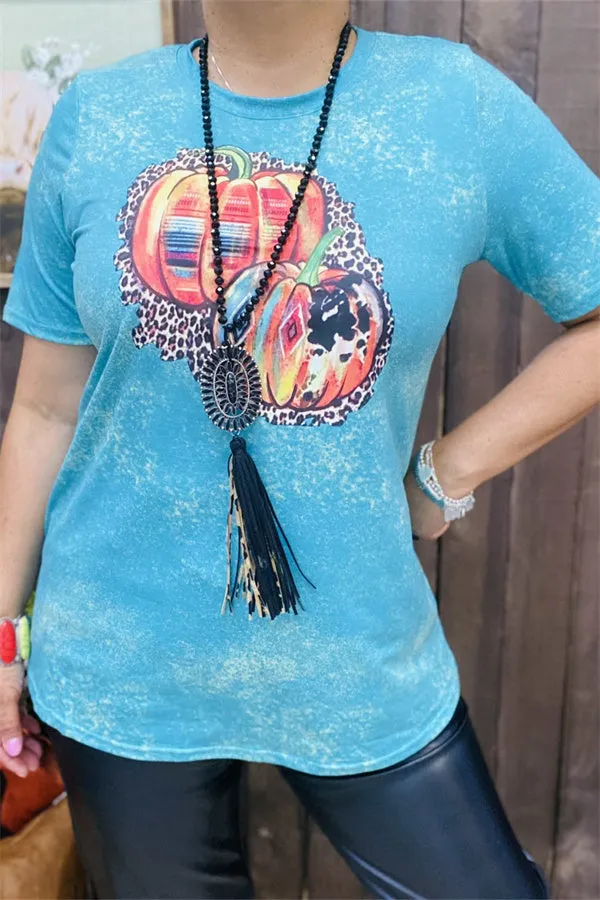 DLH11696 Pumpkin multi color printed in the blue background short sleeve women tops for halloween holiday