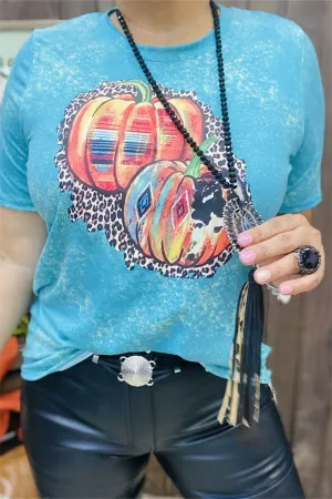 DLH11696 Pumpkin multi color printed in the blue background short sleeve women tops for halloween holiday