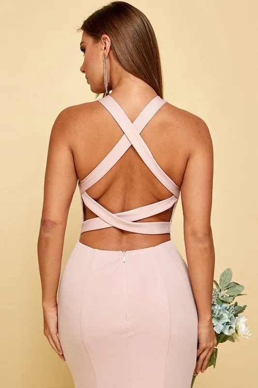 Dusty Pink Sleeveless Criss Cross Cut Out Back Slit Maxi Dress