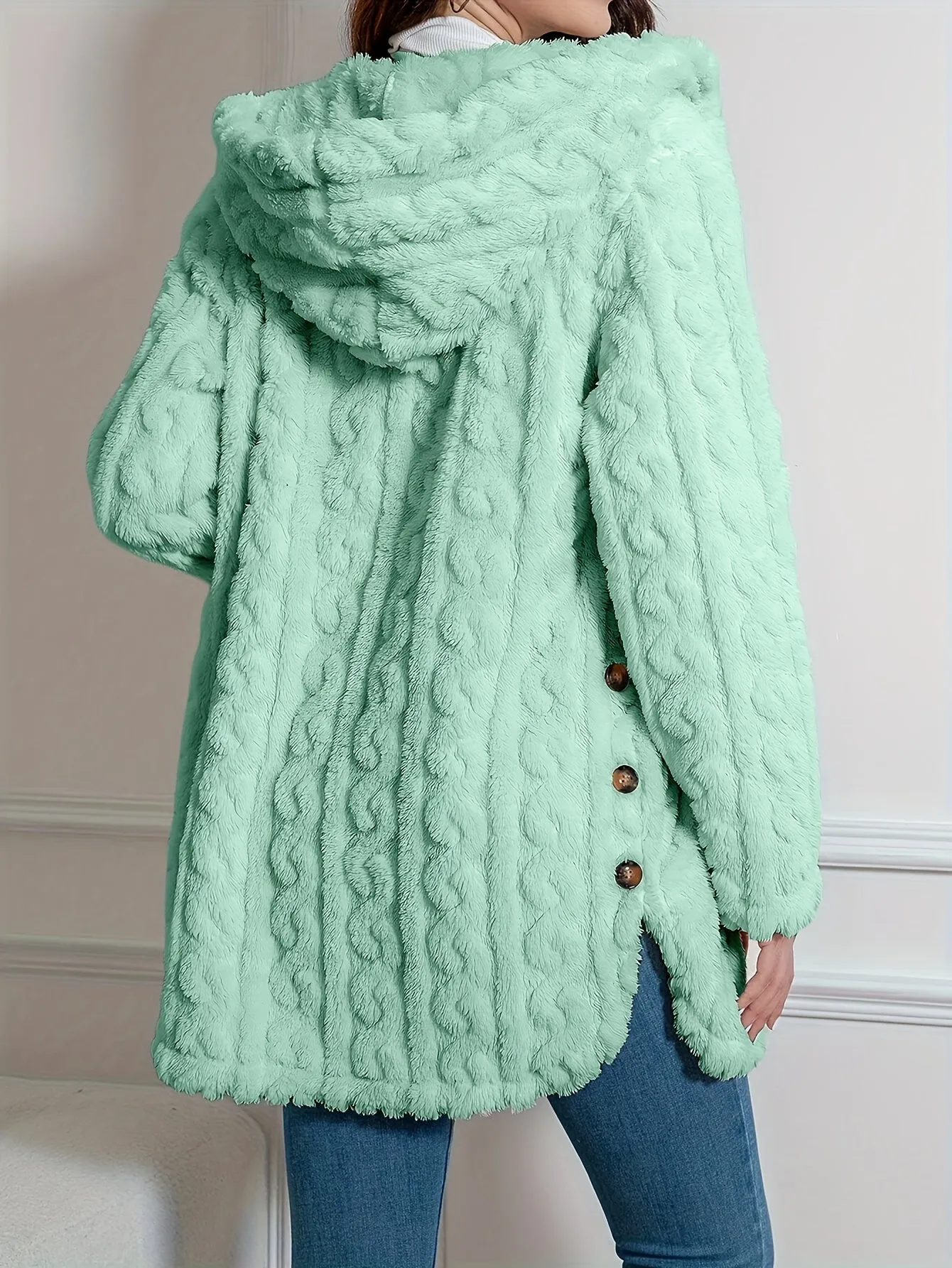 Elegant Knit Fur Coat with Hood & Double Buttons - Spring/Autumn
