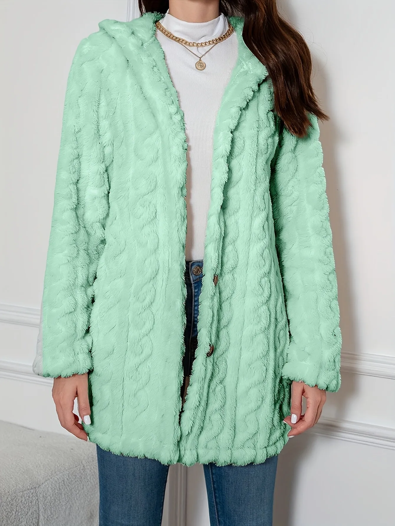 Elegant Knit Fur Coat with Hood & Double Buttons - Spring/Autumn