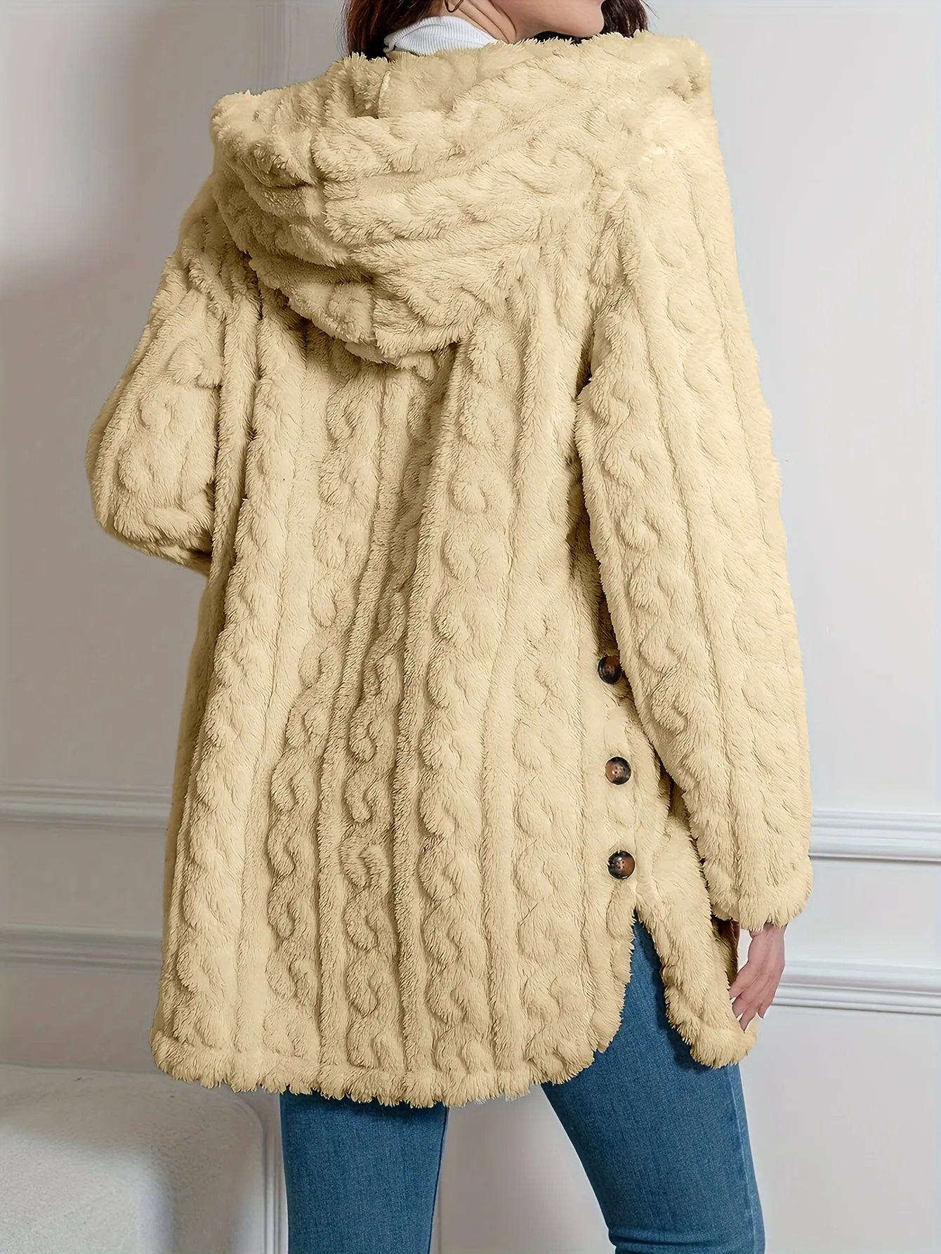 Elegant Knit Fur Coat with Hood & Double Buttons - Spring/Autumn