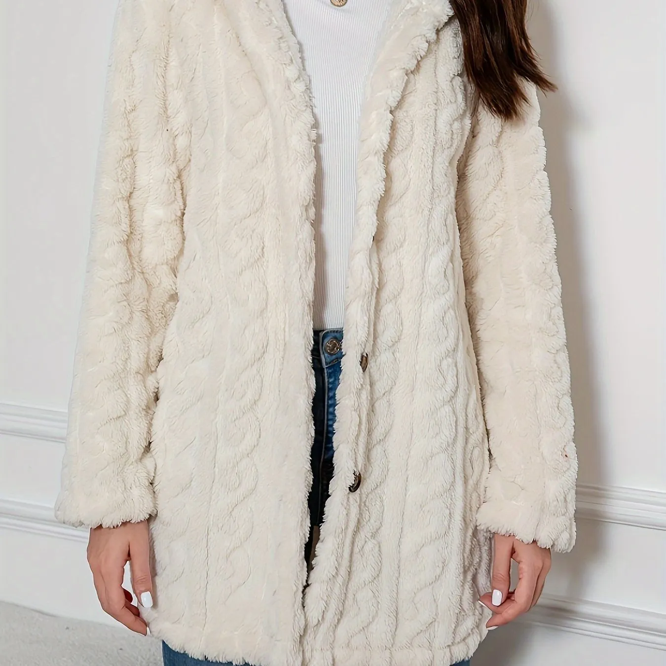 Elegant Knit Fur Coat with Hood & Double Buttons - Spring/Autumn