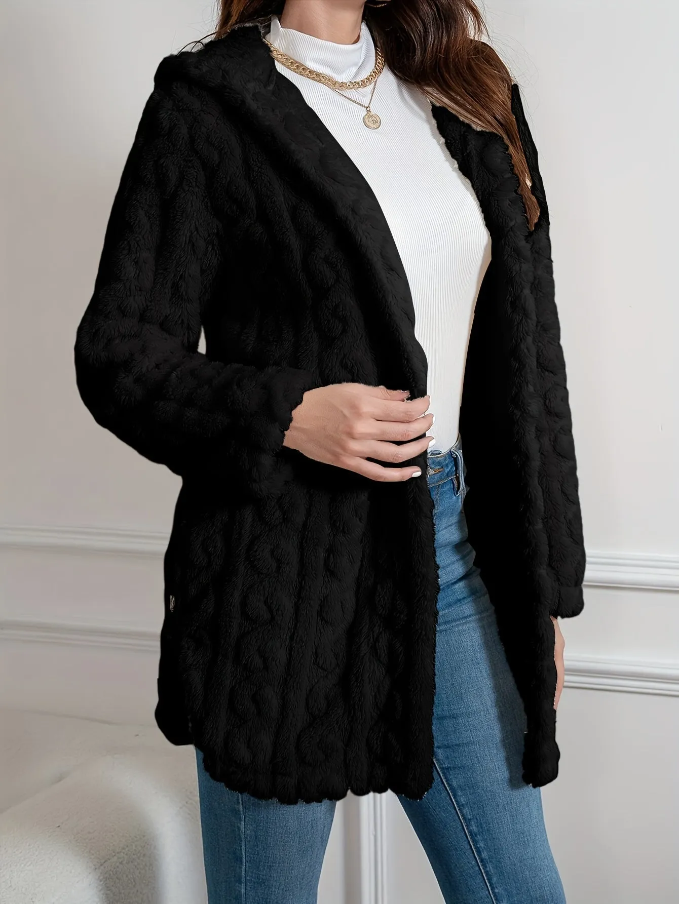 Elegant Knit Fur Coat with Hood & Double Buttons - Spring/Autumn