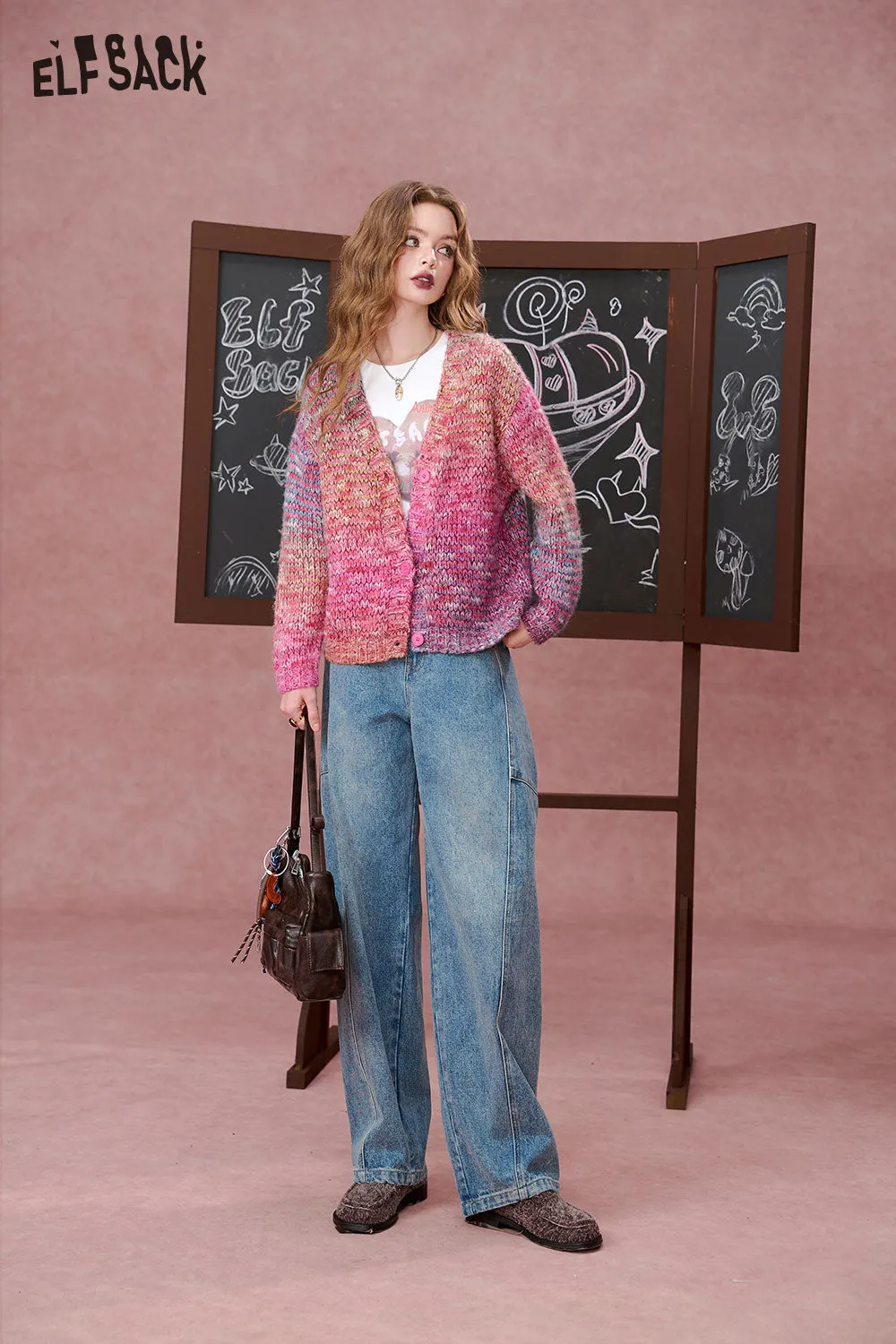 ELFSACK 2024 Autumn New Arrivals Gradient color V-neck sweater cardigan for women, sweet and cool style versatile short knitted sweater