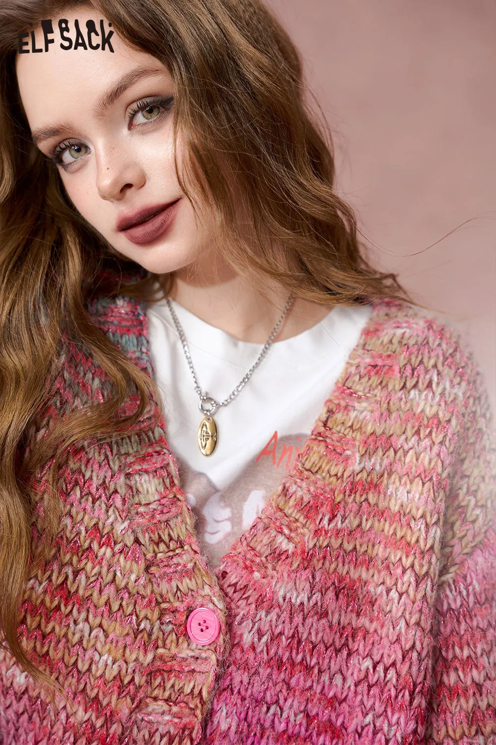 ELFSACK 2024 Autumn New Arrivals Gradient color V-neck sweater cardigan for women, sweet and cool style versatile short knitted sweater