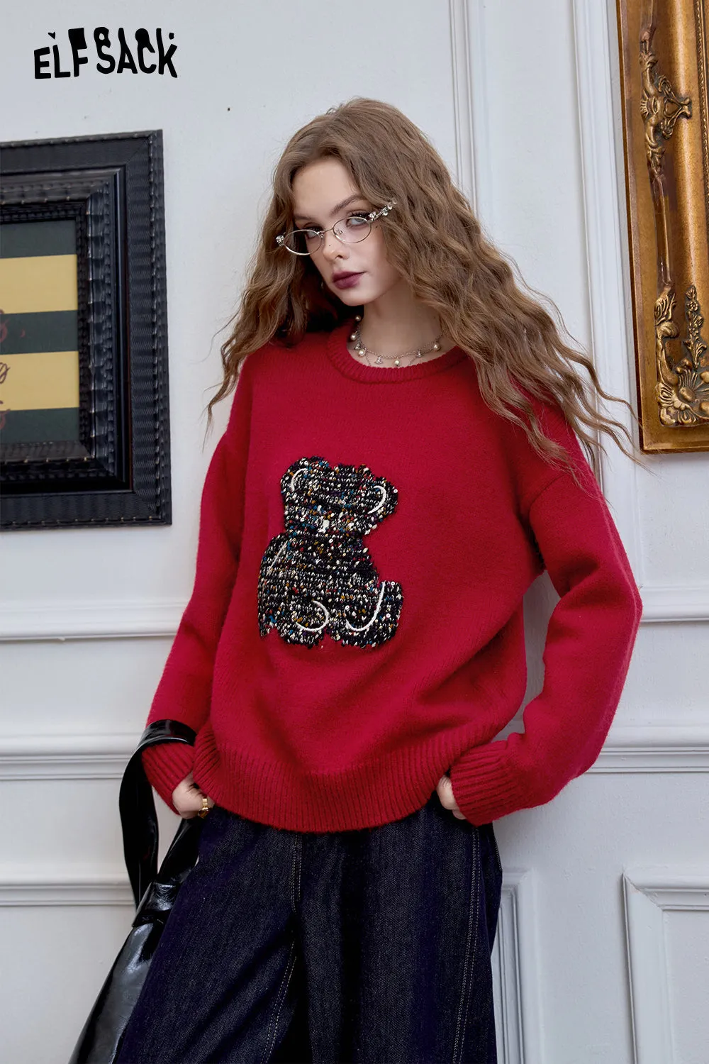ELFSACK 2024 Winter New Arrivals bear red pullover sweater for women, versatile, loose and soft