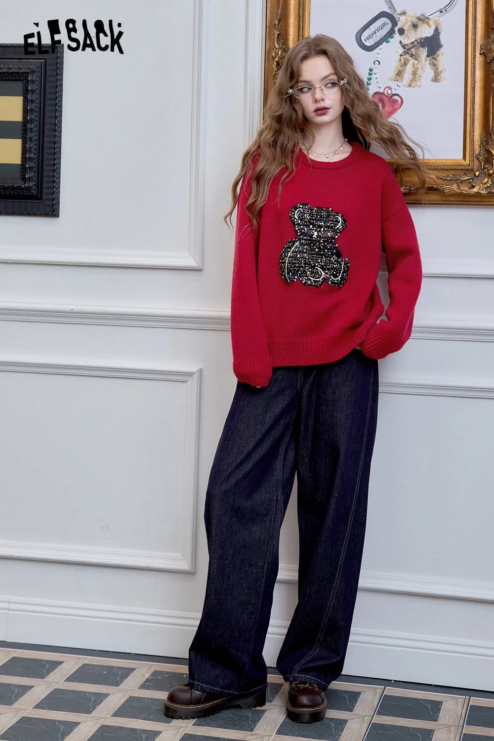 ELFSACK 2024 Winter New Arrivals bear red pullover sweater for women, versatile, loose and soft