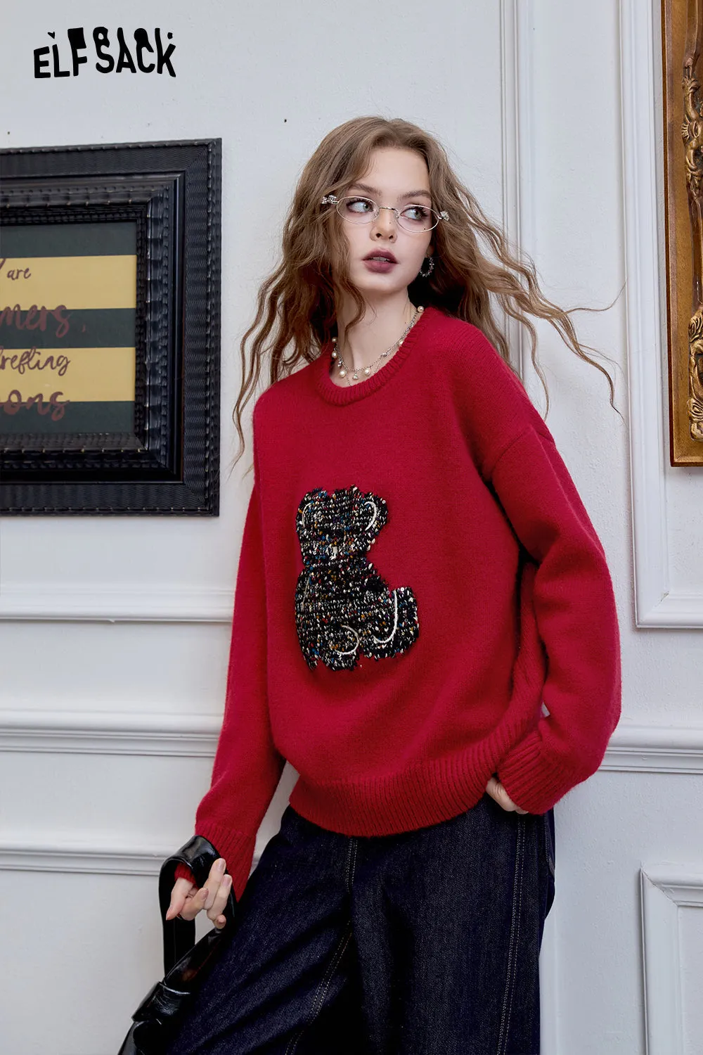 ELFSACK 2024 Winter New Arrivals bear red pullover sweater for women, versatile, loose and soft