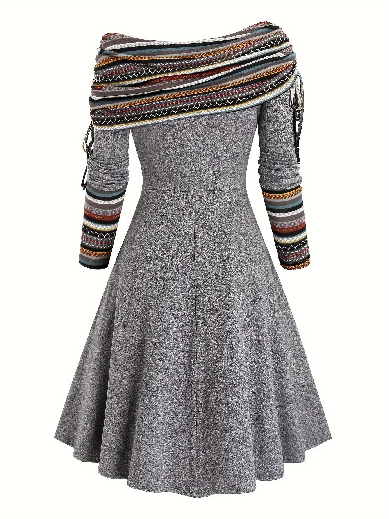 Ethnic Striped Off-Shoulder Dress with Drawstring.