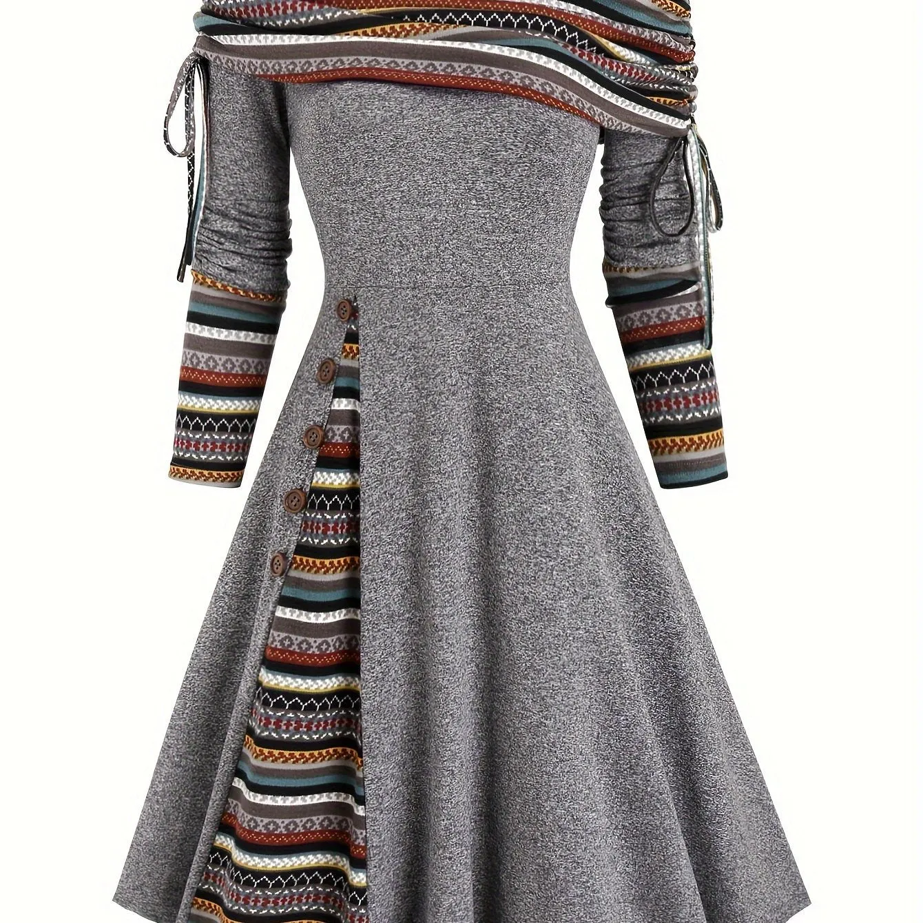 Ethnic Striped Off-Shoulder Dress with Drawstring.
