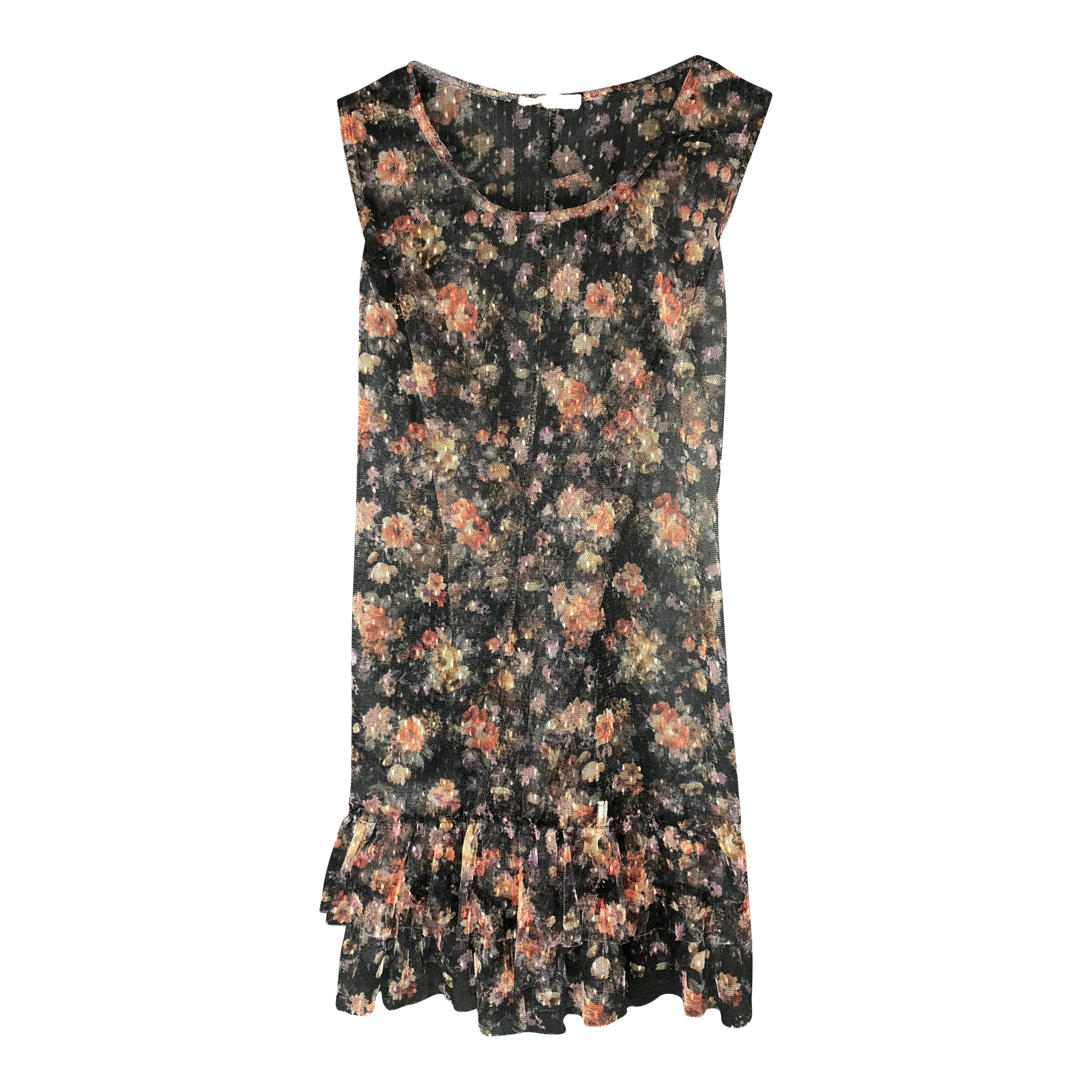 FLORAL MESH PRINTED RUFFLED TUNIC