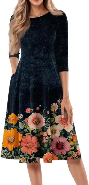 Floral Print Summer Dress for Women Plus Size Vintage 3/4 Sleeve Crewneck Flowy Pleated Midi Dresses Casual Sundress