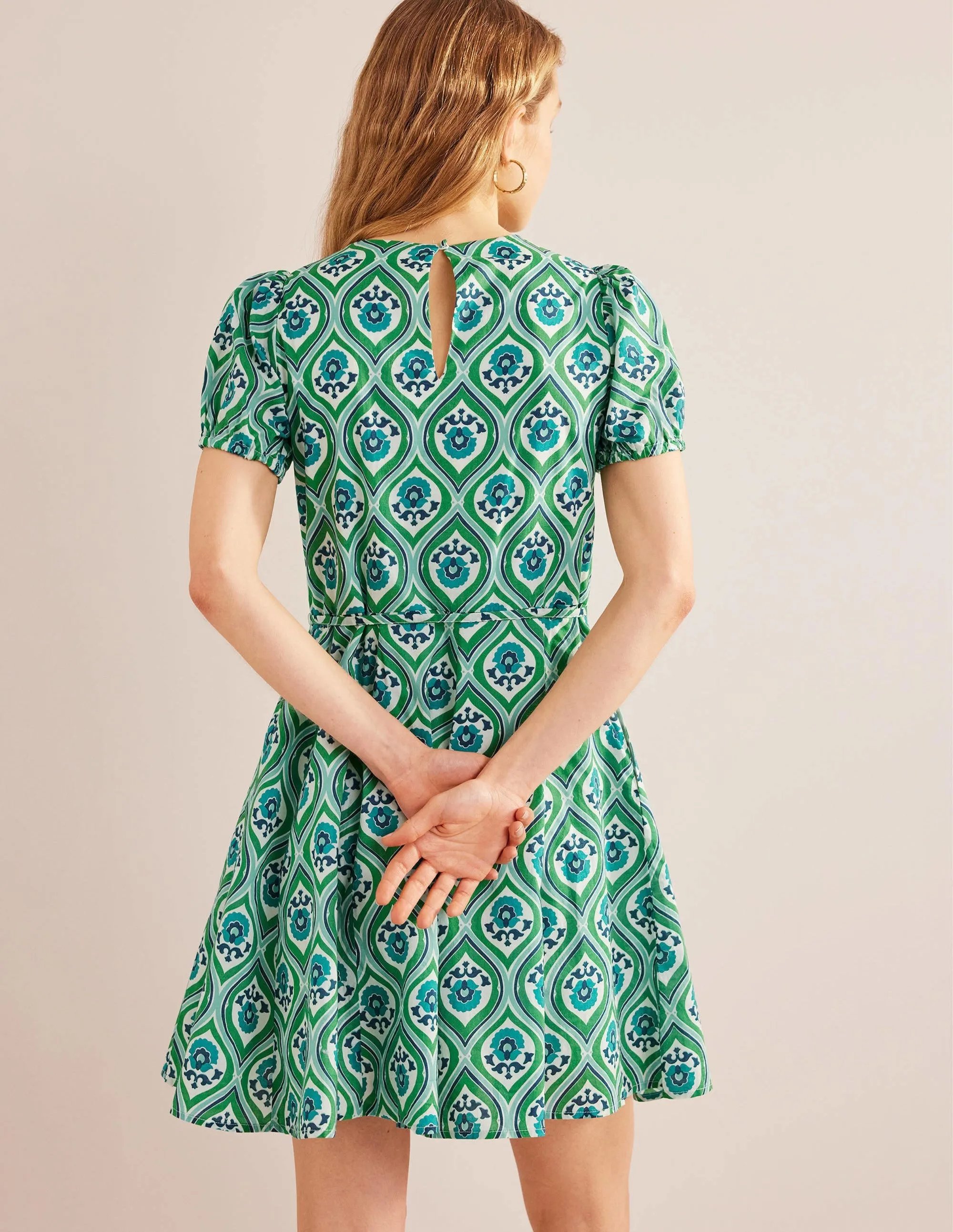 Full Skirted Mini Dress-Aquamarine, Geo Cascade