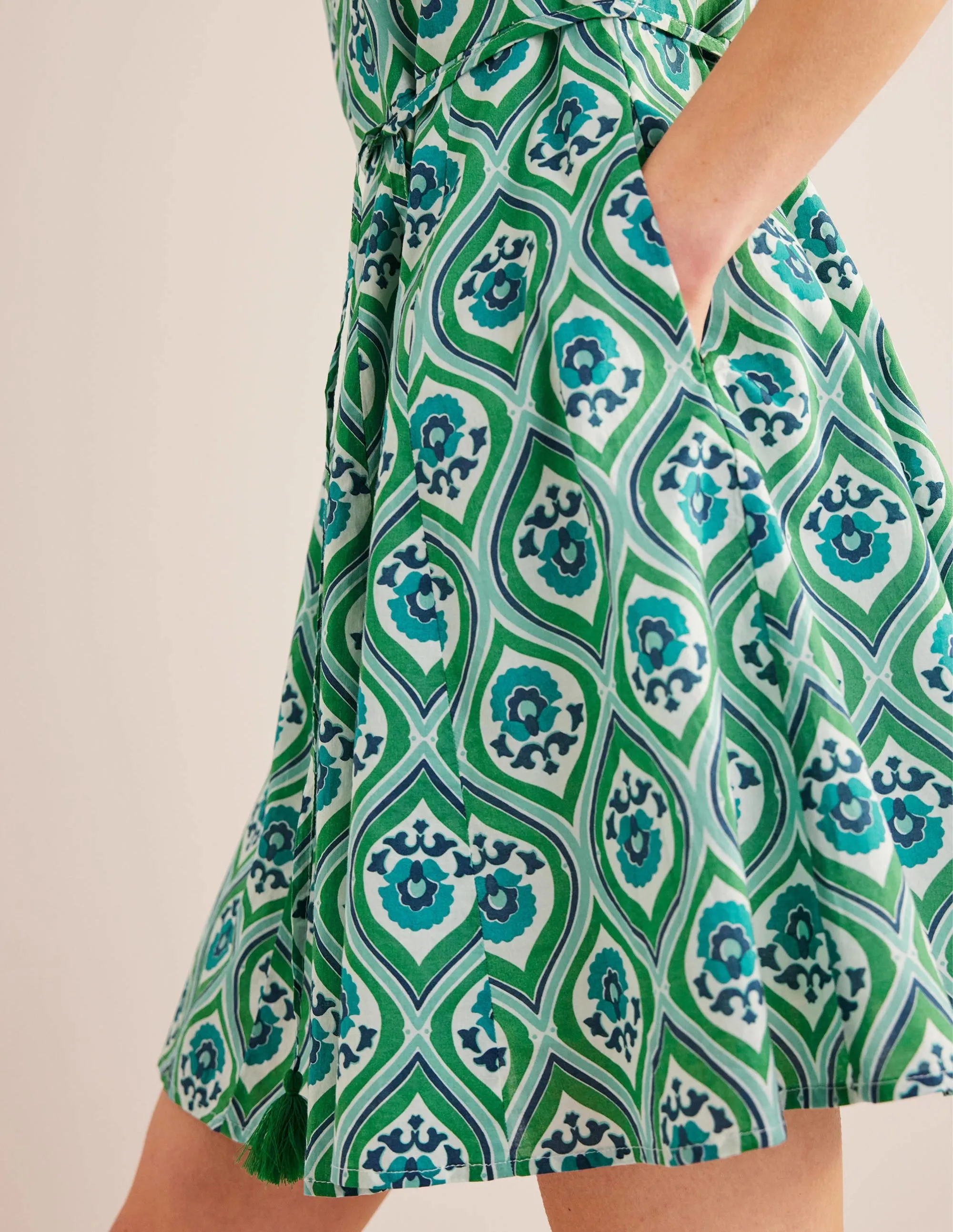 Full Skirted Mini Dress-Aquamarine, Geo Cascade