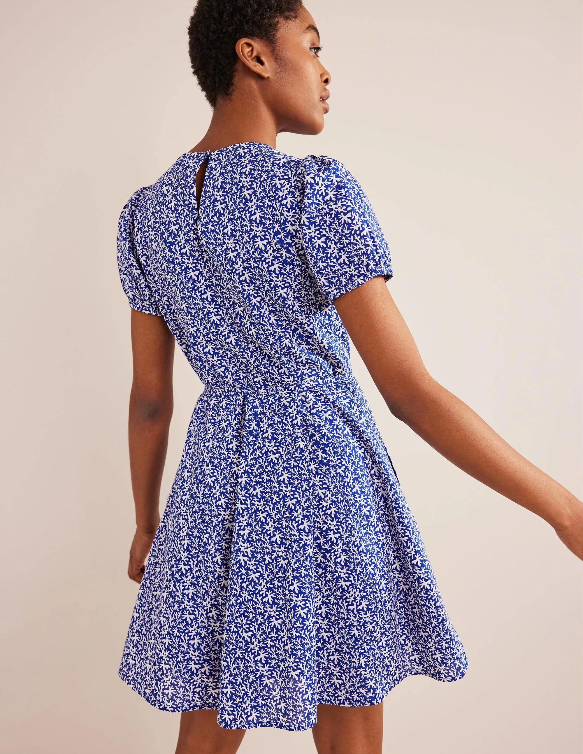Full Skirted Mini Dress-Blue, Abstract Foliage