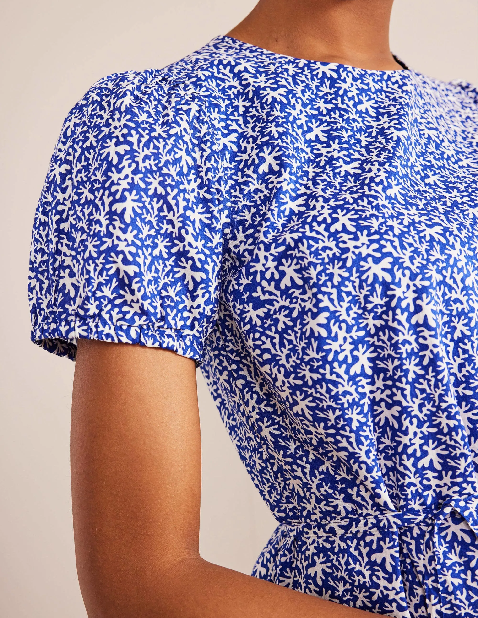 Full Skirted Mini Dress-Blue, Abstract Foliage