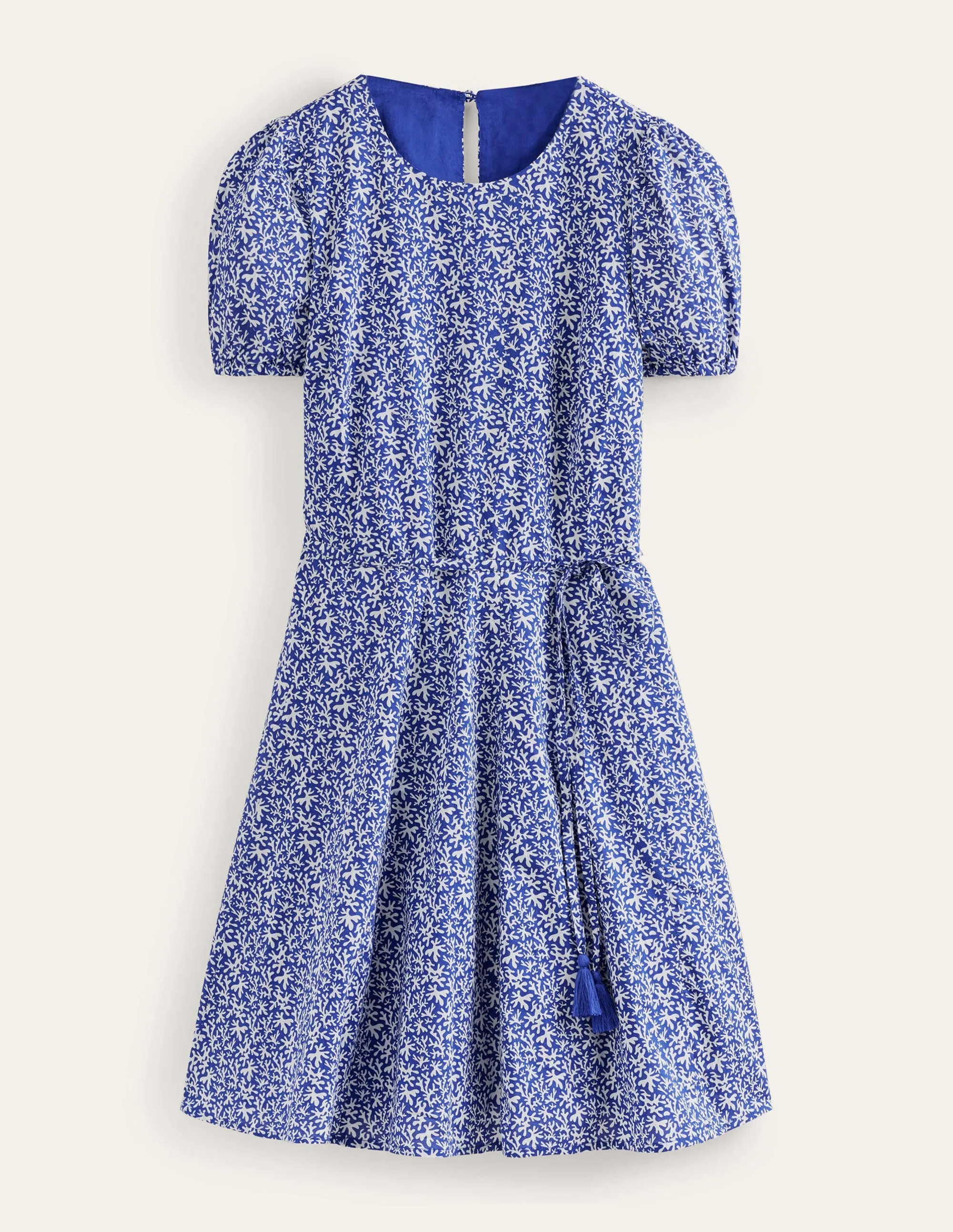 Full Skirted Mini Dress-Blue, Abstract Foliage