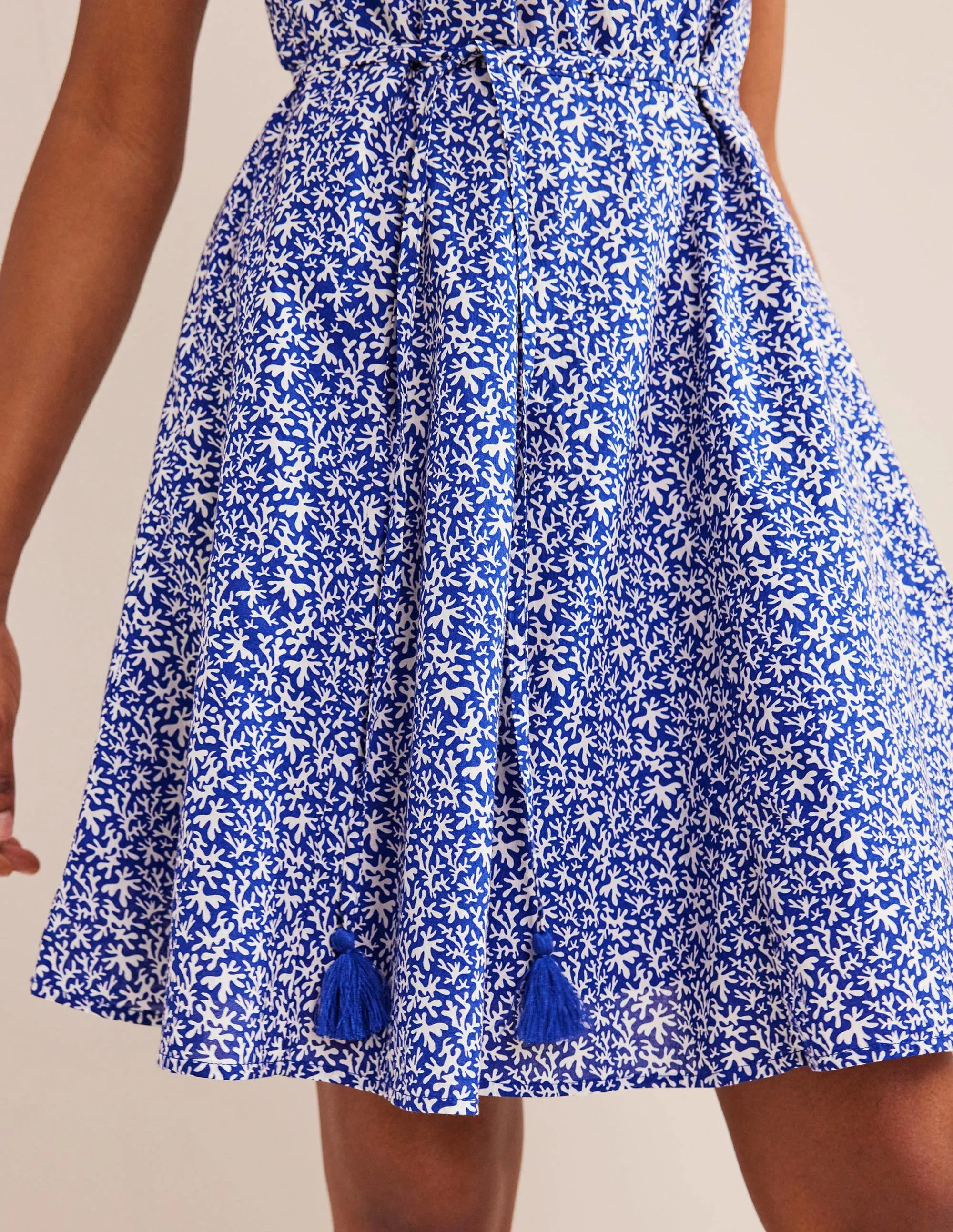 Full Skirted Mini Dress-Blue, Abstract Foliage