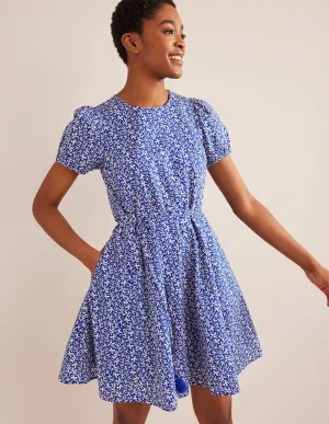 Full Skirted Mini Dress-Blue, Abstract Foliage