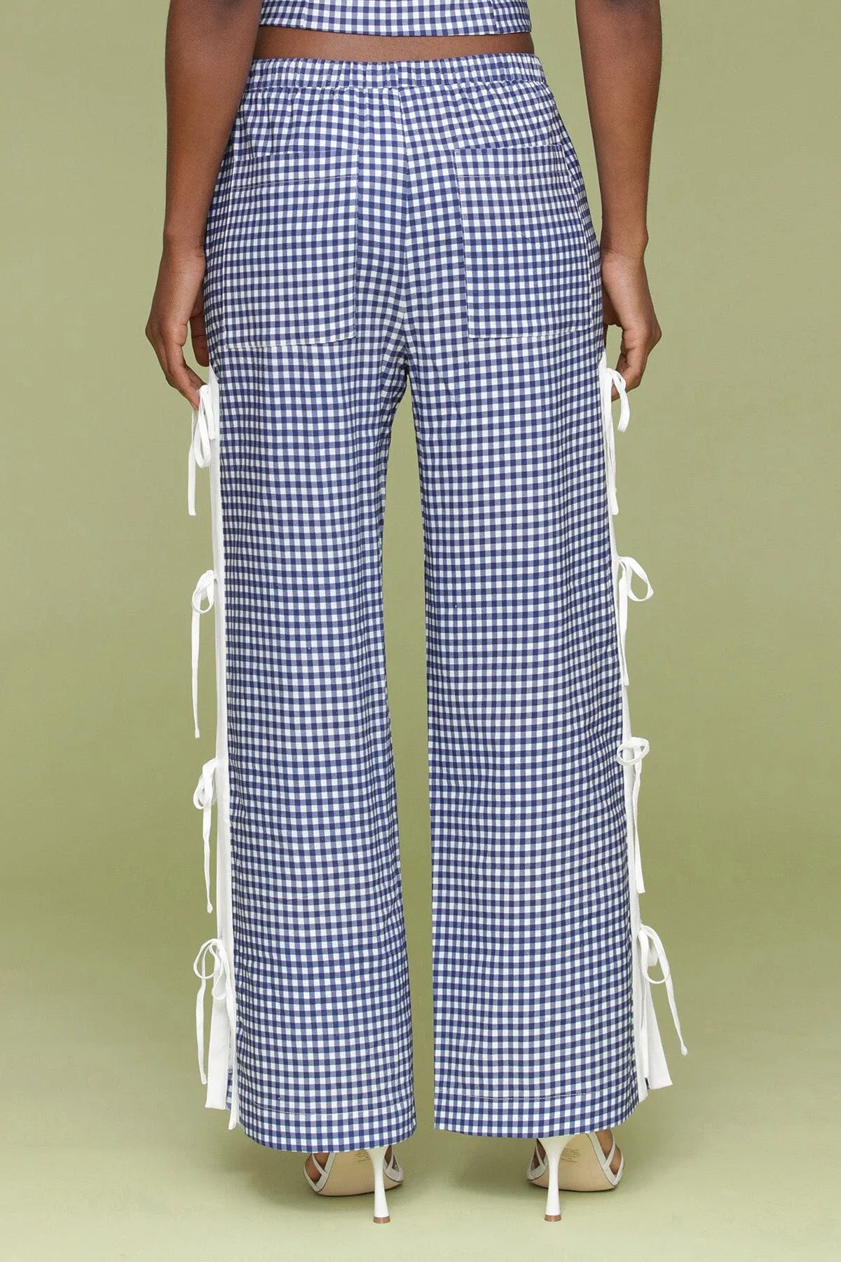 Gingham Ramie Blend Side Tie Pants