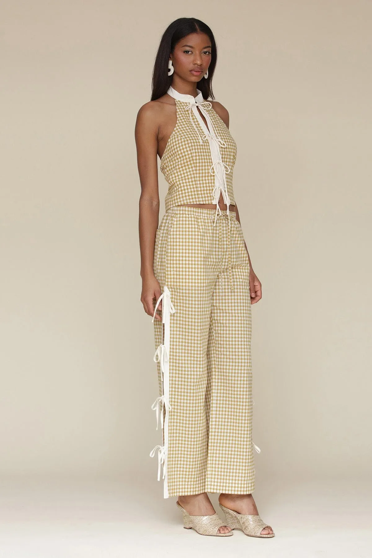 Gingham Ramie Blend Side Tie Pants