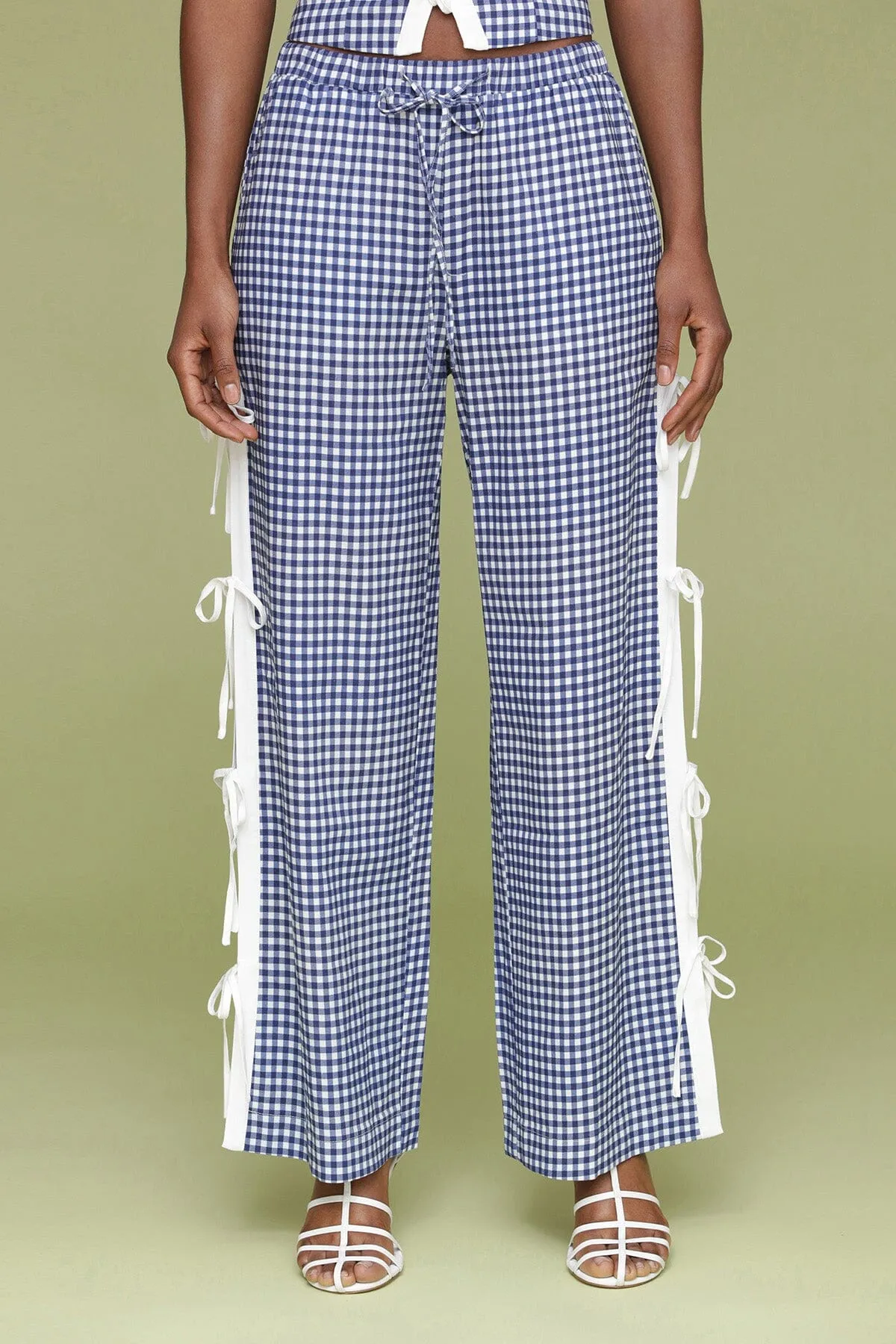 Gingham Ramie Blend Side Tie Pants