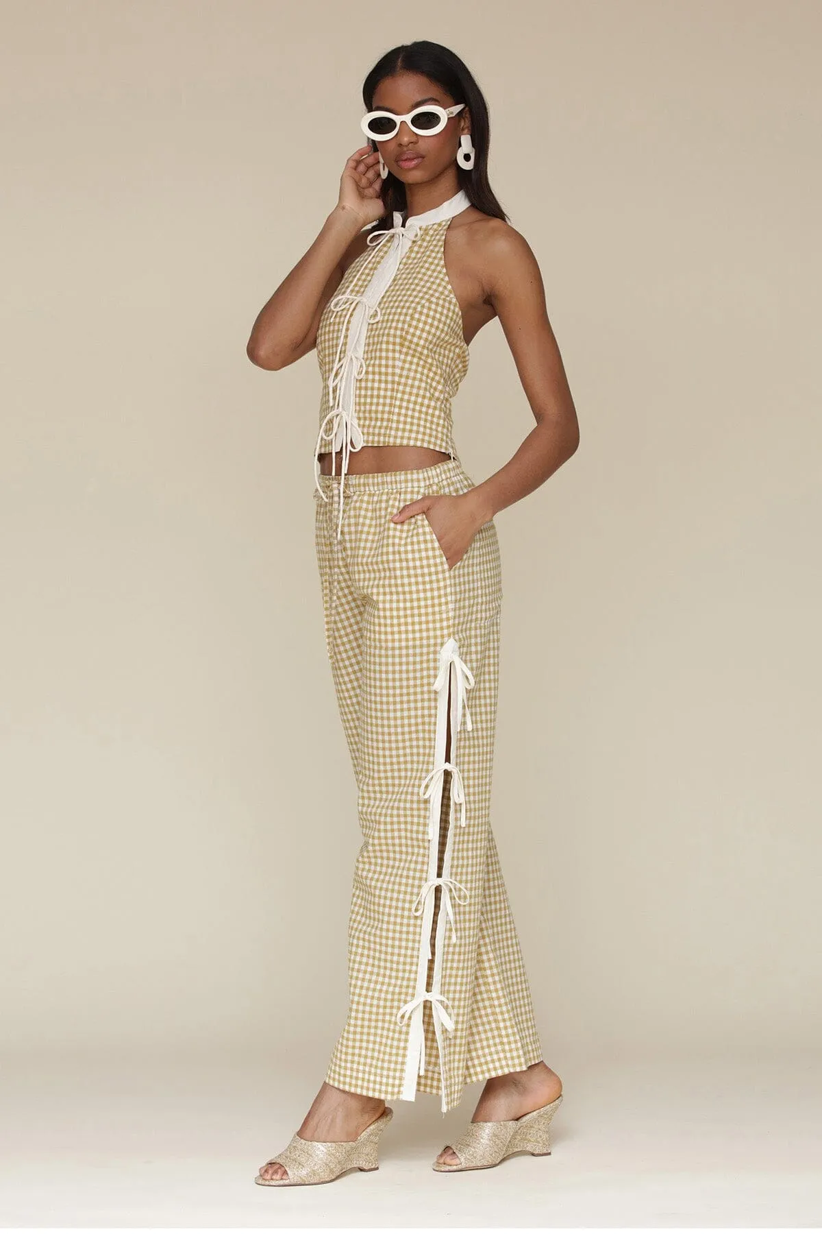 Gingham Ramie Blend Side Tie Pants