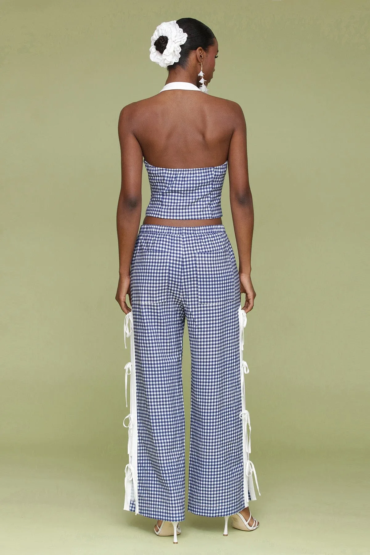 Gingham Ramie Blend Side Tie Pants