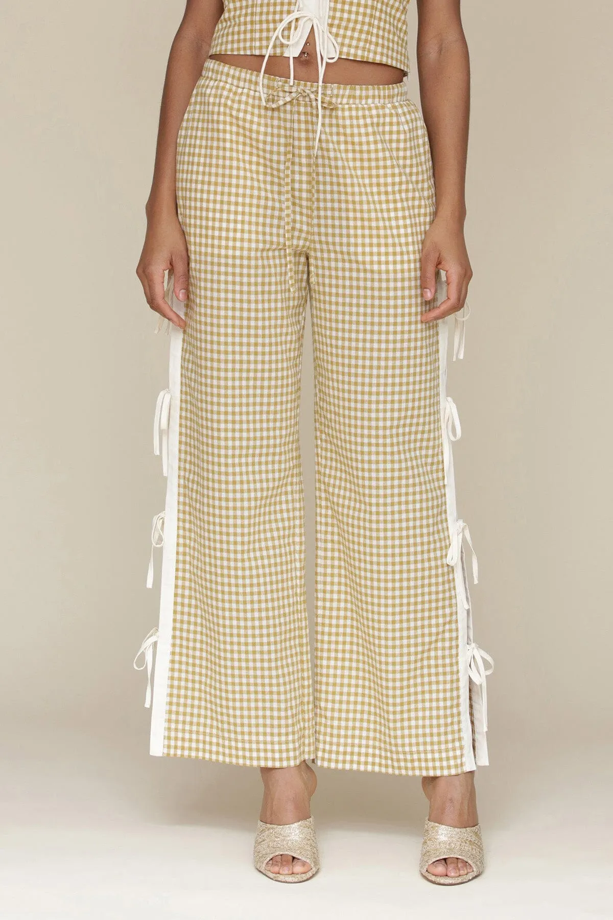 Gingham Ramie Blend Side Tie Pants