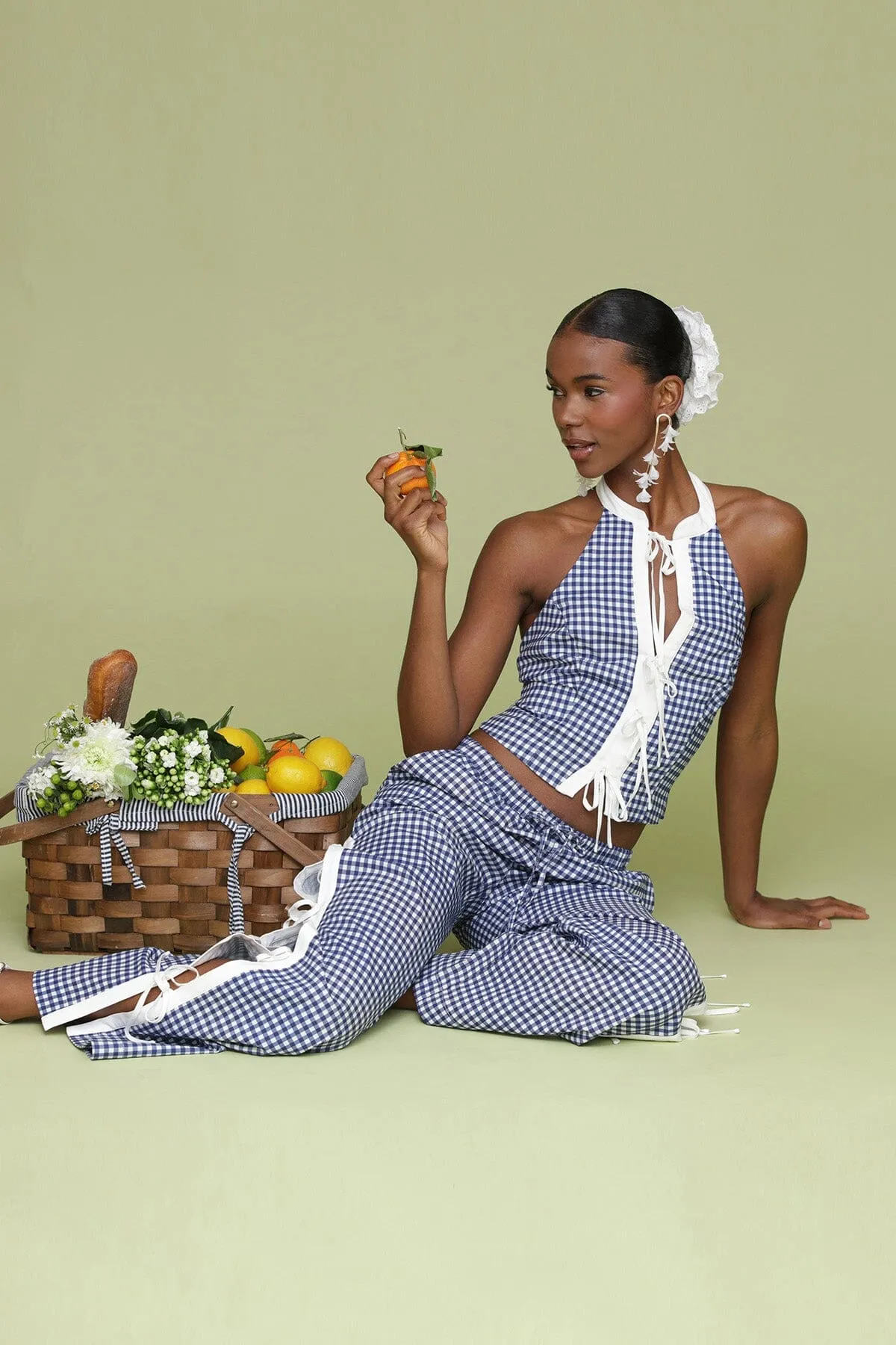 Gingham Ramie Blend Side Tie Pants