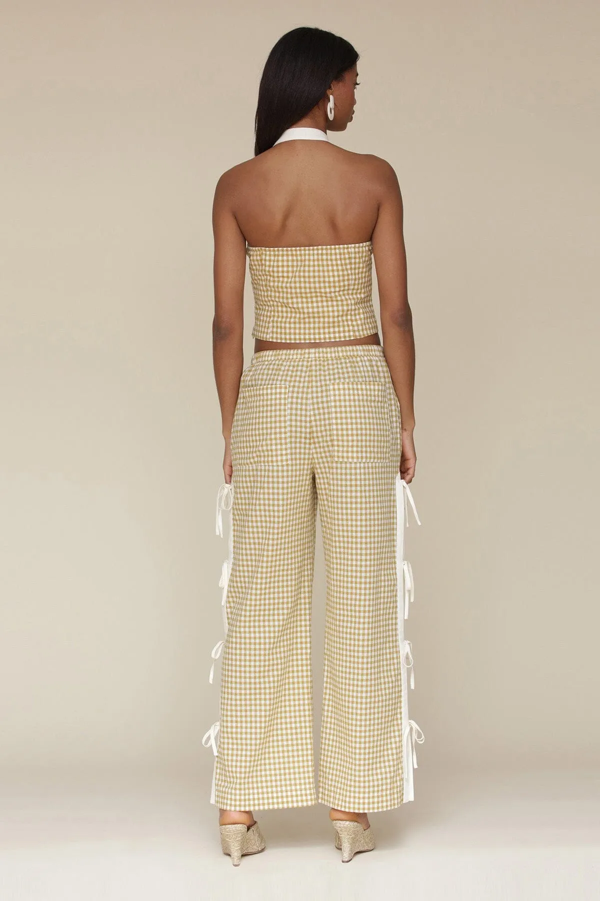 Gingham Ramie Blend Side Tie Pants