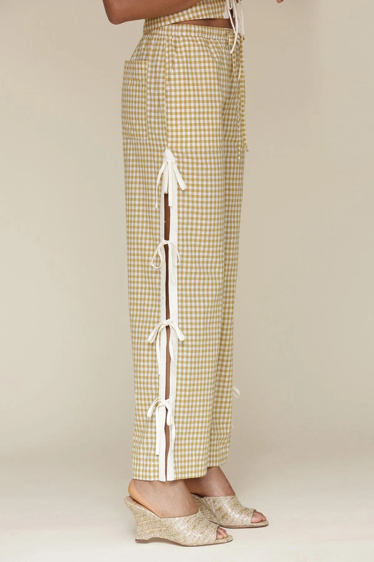 Gingham Ramie Blend Side Tie Pants