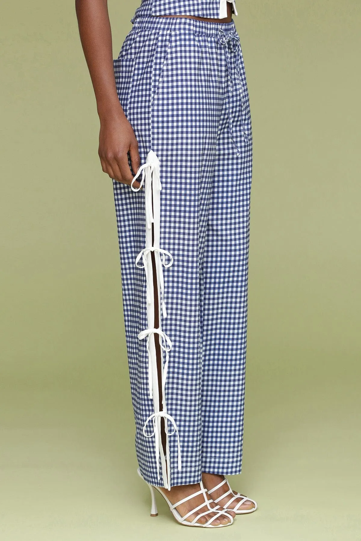 Gingham Ramie Blend Side Tie Pants